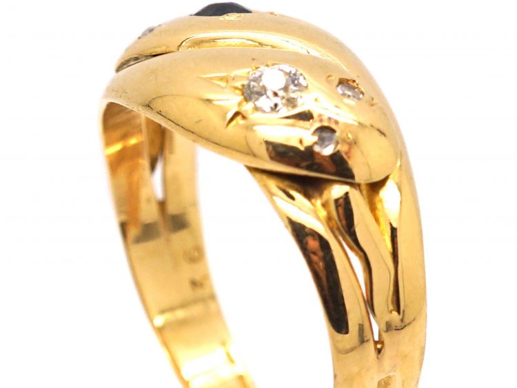 Edwardian 18ct Gold Double Snake Ring set with a Diamond & a Sapphire