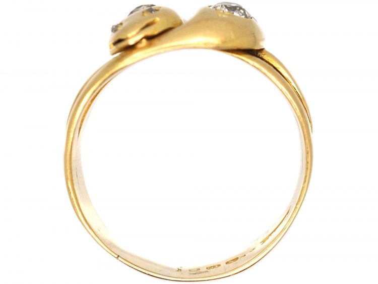 Victorian 18ct Gold Double Snake Ring set with Two Diamonds & Rose Diamond Eyes