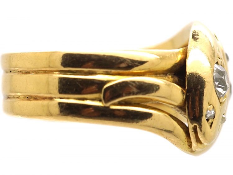 Victorian 18ct Gold Double Snake Ring set with Two Diamonds & Rose Diamond Eyes