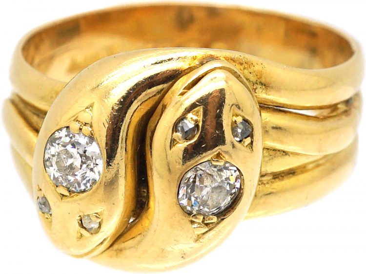 Victorian 18ct Gold Double Snake Ring set with Two Diamonds & Rose Diamond Eyes