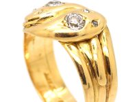 Victorian 18ct Gold Double Snake Ring set with Two Diamonds & Rose Diamond Eyes