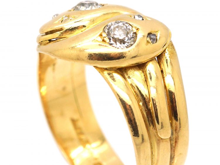 Victorian 18ct Gold Double Snake Ring set with Two Diamonds & Rose Diamond Eyes