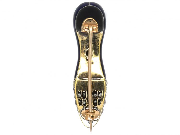 Edwardian 15ct Gold & Silver & Enamel Mouse in the Shoe Brooch set with Rose Diamonds