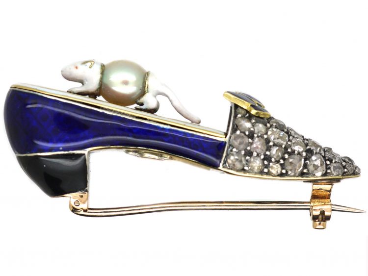 Edwardian 15ct Gold & Silver & Enamel Mouse in the Shoe Brooch set with Rose Diamonds