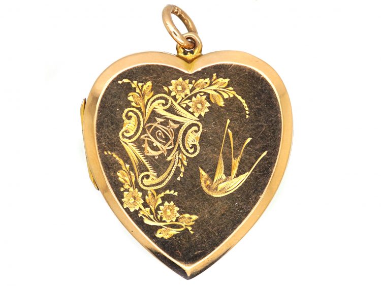 Edwardian 15ct Gold Heart Shaped Locket with Engraved Swallows & Roses