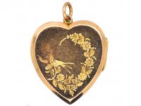 Edwardian 15ct Gold Heart Shaped Locket with Engraved Swallows & Roses