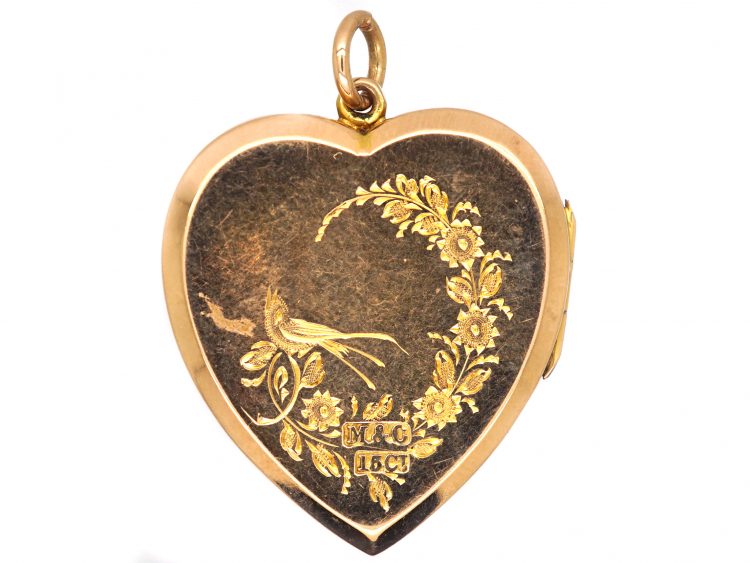 Edwardian 15ct Gold Heart Shaped Locket with Engraved Swallows & Roses