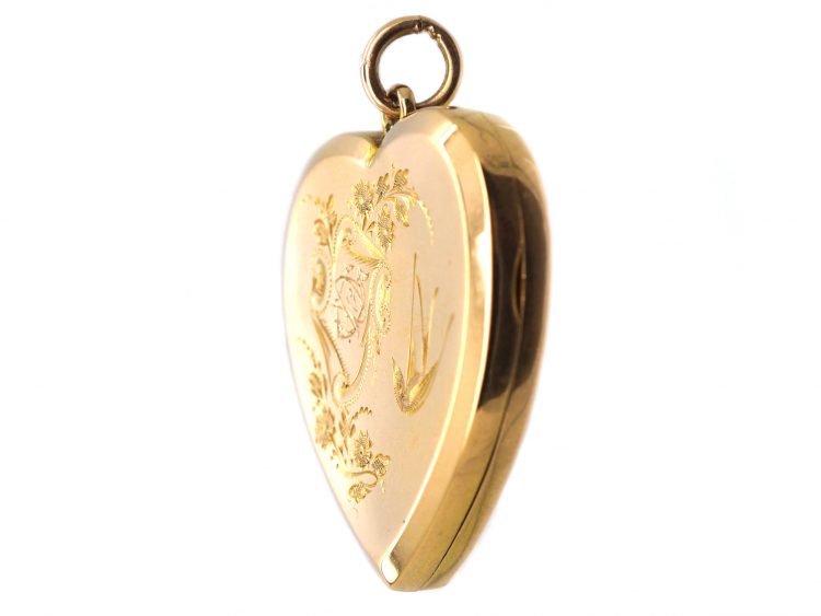 Edwardian 15ct Gold Heart Shaped Locket with Engraved Swallows & Roses