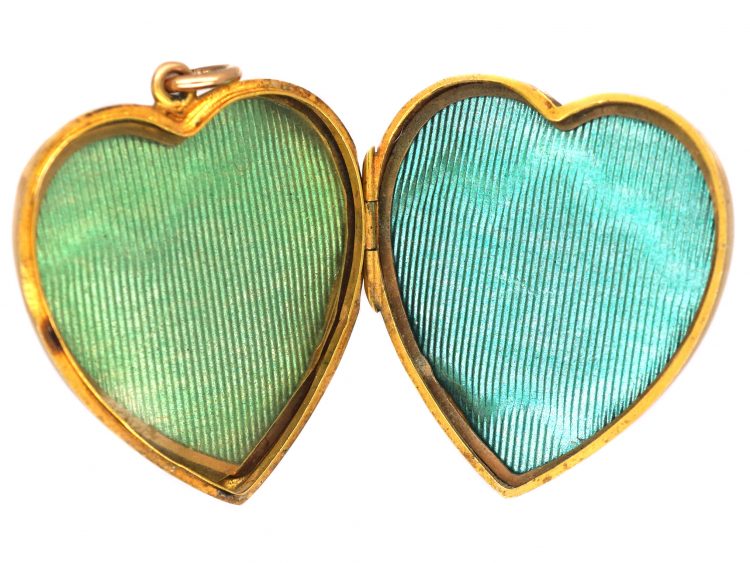 Edwardian 15ct Gold Heart Shaped Locket with Engraved Swallows & Roses