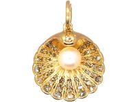 Edwardian 15ct Gold Scallop Shell Pendant set with a Pearl & Rose Diamonds Edwardian 15ct Gold Scallop Shell Pendant set with a Pearl & Rose Diamonds