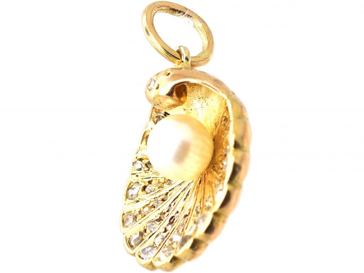 Edwardian 15ct Gold Scallop Shell Pendant set with a Pearl & Rose Diamonds