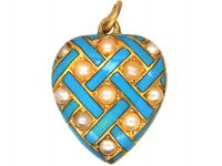Victorian 15ct Gold, Turquoise Blue Enamel & Natural Split Pearl Heart Shaped Pendant Victorian 15ct Gold, Turquoise Blue Enamel & Natural Split Pearl Heart Shaped Pendant
