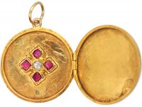 Edwardian 15ct Gold Round Locket set with Rubies & a Diamond