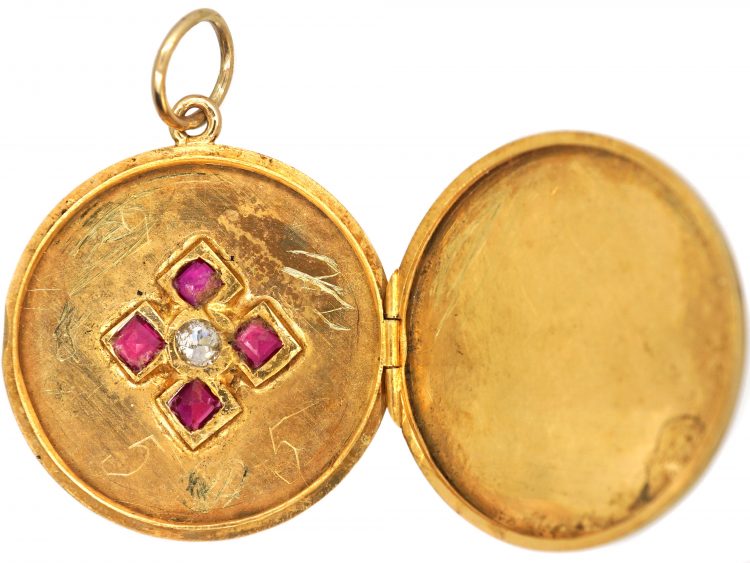 Edwardian 15ct Gold Round Locket set with Rubies & a Diamond