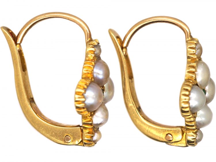 Early Victorian 15ct Gold, Natural Split Pearl & Emerald Flower Earrings