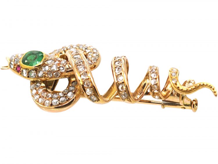 Early 20th Century 14ct Gold Snake Brooch or Slide set with an Emerald, Rose Diamonds & Ruby Eyes