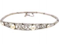 Edwardian 18ct White Gold, Natural Pearl & Diamond Bracelet