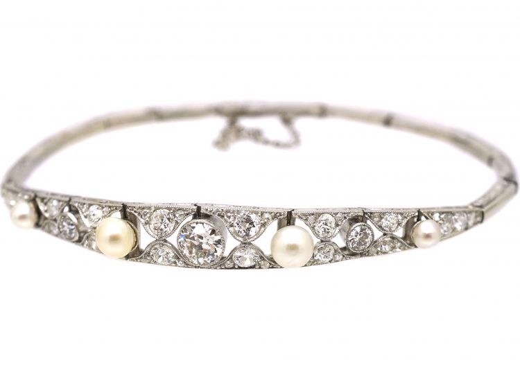 Edwardian 18ct White Gold, Natural Pearl & Diamond Bracelet