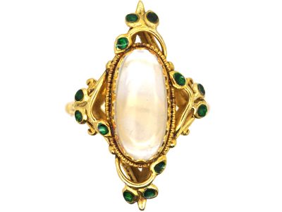 Art Nouveau 18ct Gold Green Enamel & Moonstone Botanical Ring