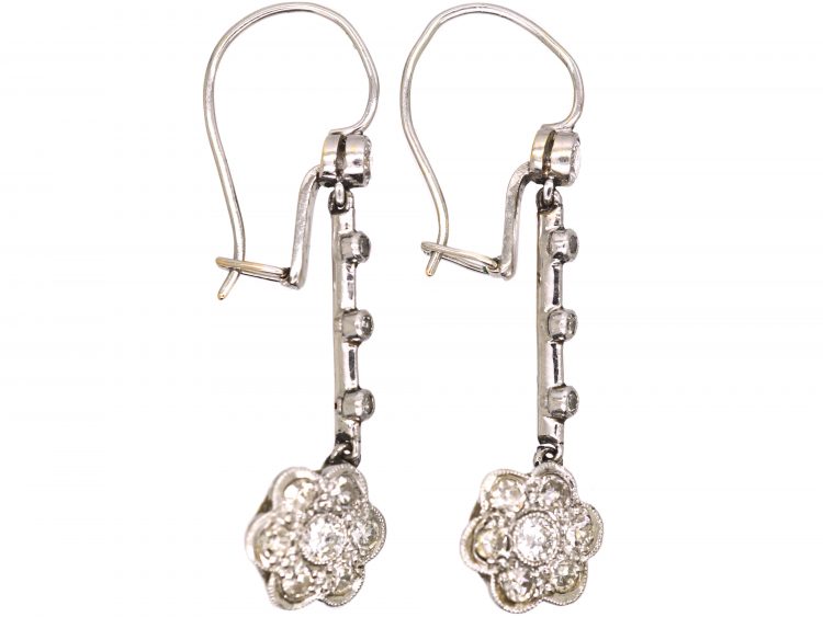 Edwardian Platinum Diamond Daisy Cluster Drop Earrings