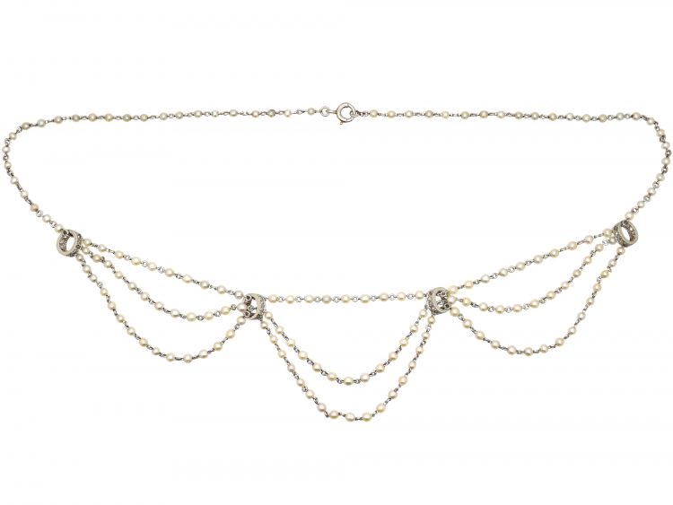 Edwardian Platinum, Natural Pearl & Diamond Festoon Necklace