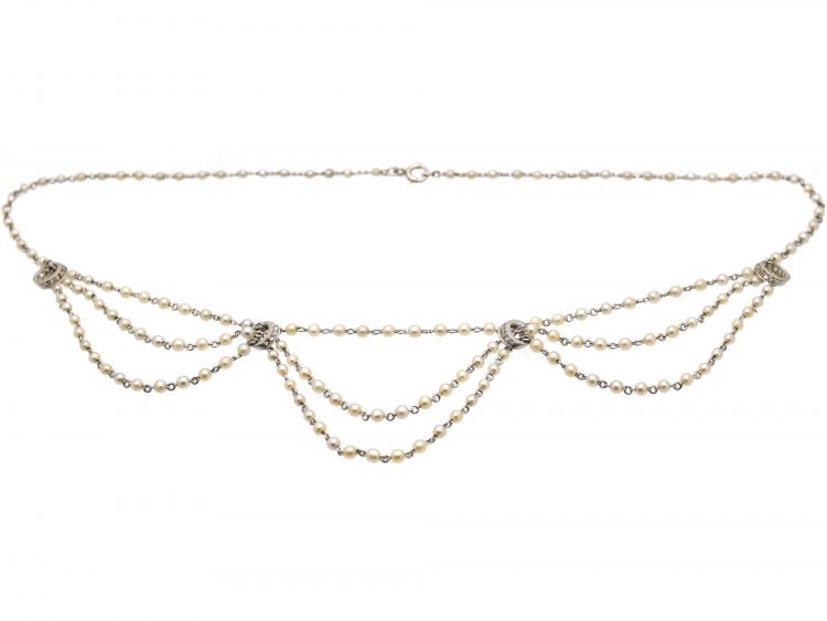 Edwardian Platinum, Natural Pearl & Diamond Festoon Necklace