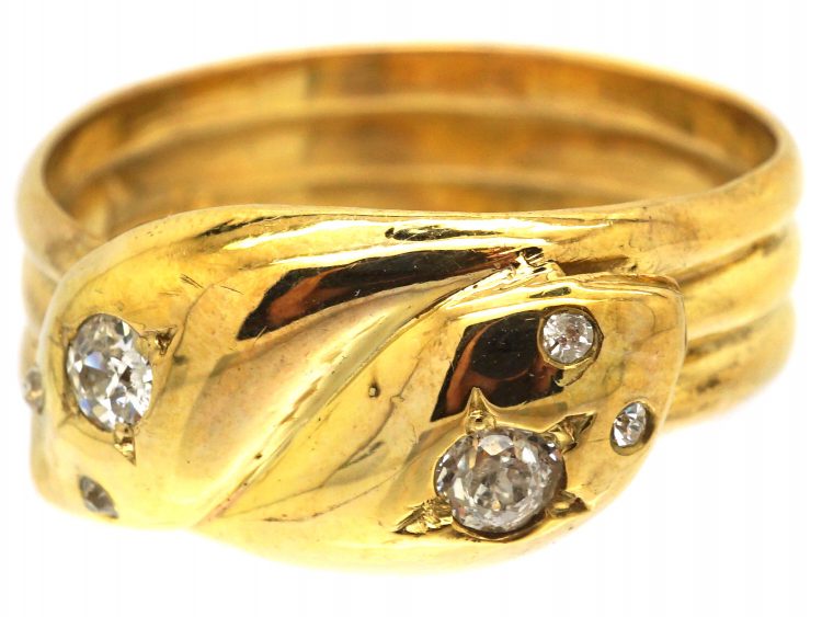 Edwardian 9ct Gold Double Snake Ring set with Diamonds