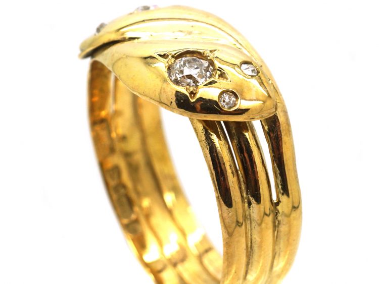 Edwardian 9ct Gold Double Snake Ring set with Diamonds
