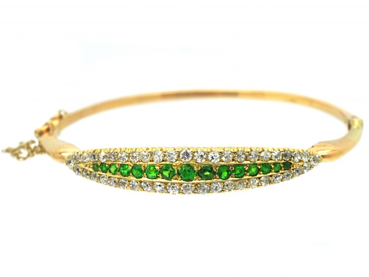 Edwardian 15ct Gold Bangle set with Green Garnets & Diamonds