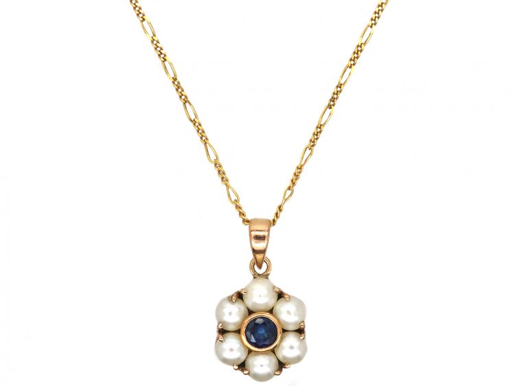 9ct Gold Sapphire & Pearl Cluster Pendant on a 9ct Gold Chain