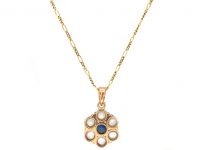 9ct Gold Sapphire & Pearl Cluster Pendant on a 9ct Gold Chain