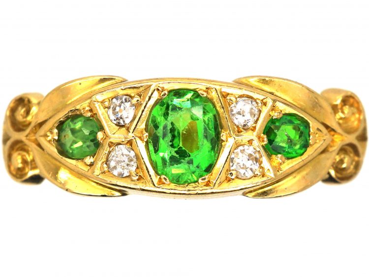 Edwardian 18ct Gold Three Stone Green Garnet & Diamond Ring