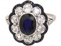 Early 20th Century Platinum Large Sapphire & Diamond Cluster Ring