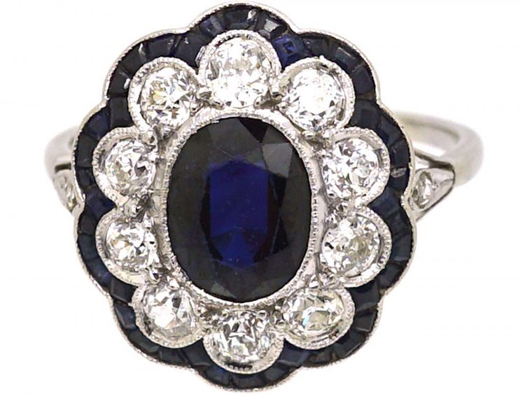 Early 20th Century Platinum Large Sapphire & Diamond Cluster Ring