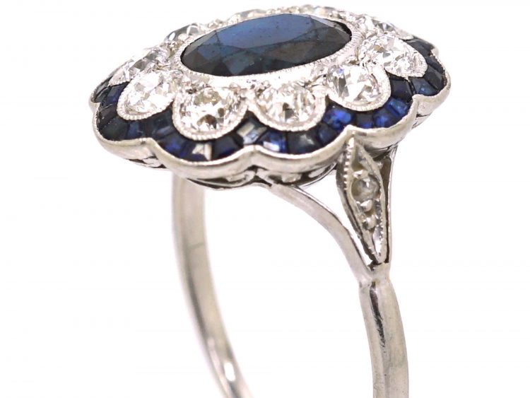 Early 20th Century Platinum Large Sapphire & Diamond Cluster Ring