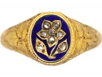 Early Victorian 15ct Gold Locket Ring with Enamel & Diamond Forget me Not