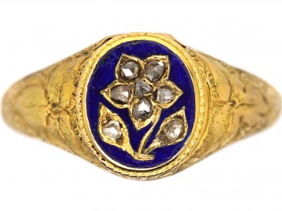Early Victorian 15ct Gold Locket Ring with Enamel & Diamond Forget me Not