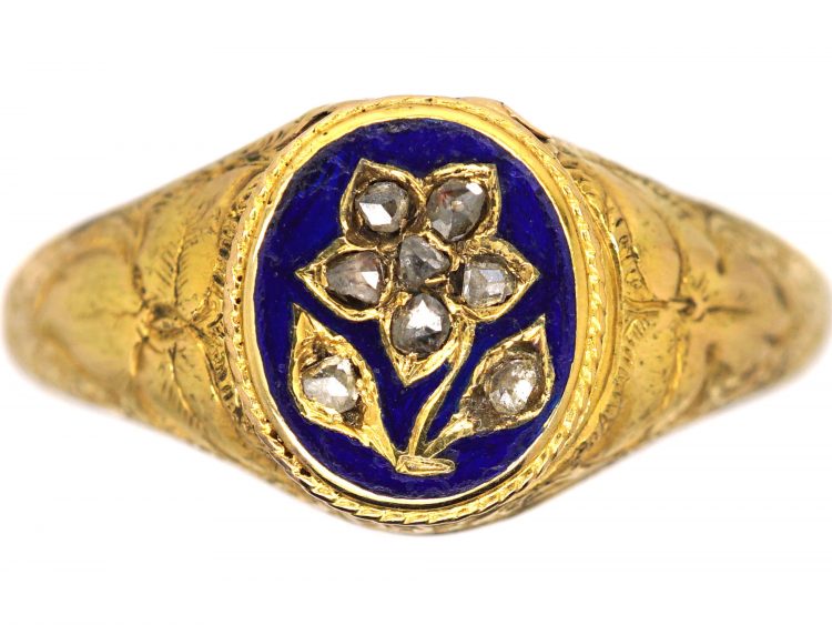 Early Victorian 15ct Gold Locket Ring with Enamel & Diamond Forget me Not