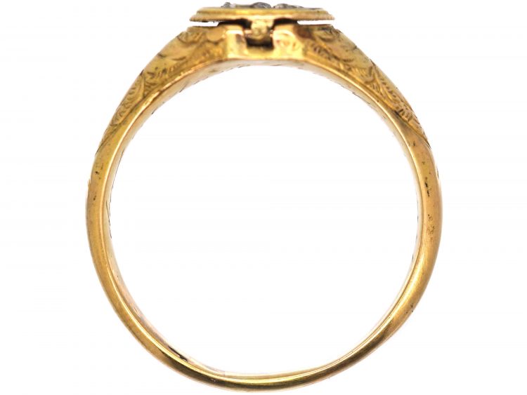 Early Victorian 15ct Gold Locket Ring with Enamel & Diamond Forget me Not