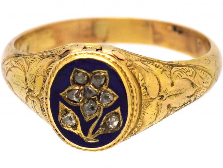 Early Victorian 15ct Gold Locket Ring with Enamel & Diamond Forget me Not