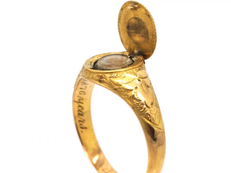 Early Victorian 15ct Gold Locket Ring with Enamel & Diamond Forget me Not