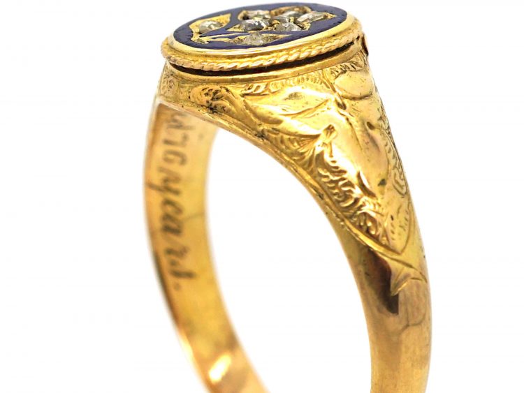 Early Victorian 15ct Gold Locket Ring with Enamel & Diamond Forget me Not