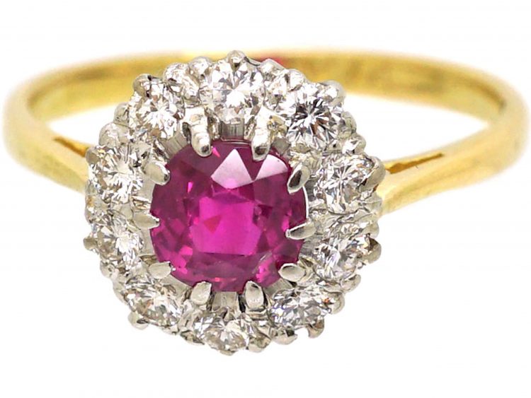 Mid 20th Century 18ct Gold & Platinum, Pink Sapphire & Diamond Cluster Ring