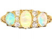 Edwardian 18ct Gold Three Stone Opal & Diamond Carved Half Hoop Ring