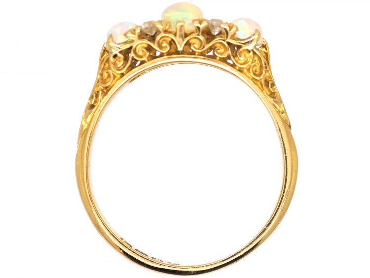 Edwardian 18ct Gold Three Stone Opal & Diamond Carved Half Hoop Ring