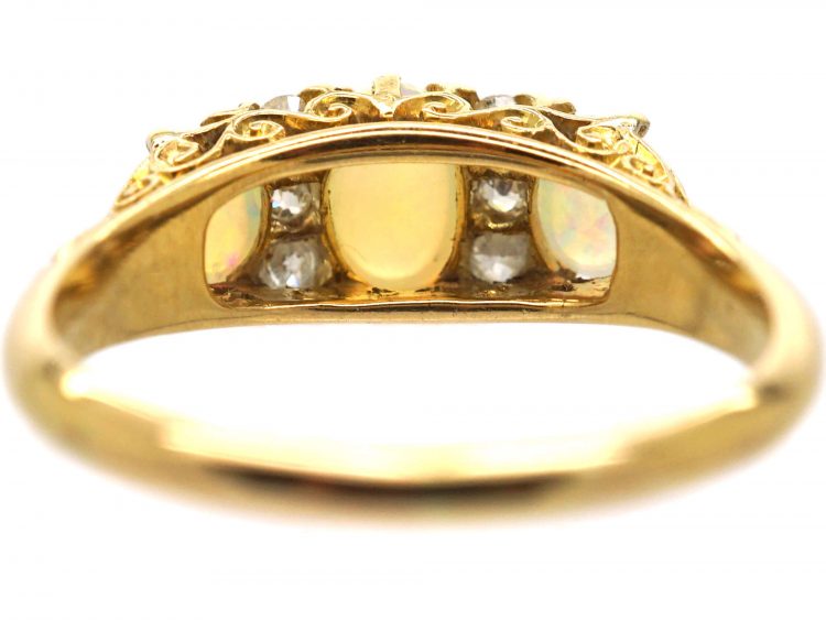 Edwardian 18ct Gold Three Stone Opal & Diamond Carved Half Hoop Ring