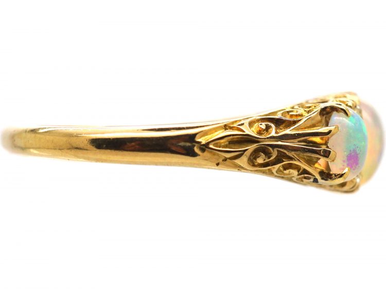 Edwardian 18ct Gold Three Stone Opal & Diamond Carved Half Hoop Ring