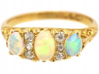 Edwardian 18ct Gold Three Stone Opal & Diamond Carved Half Hoop Ring