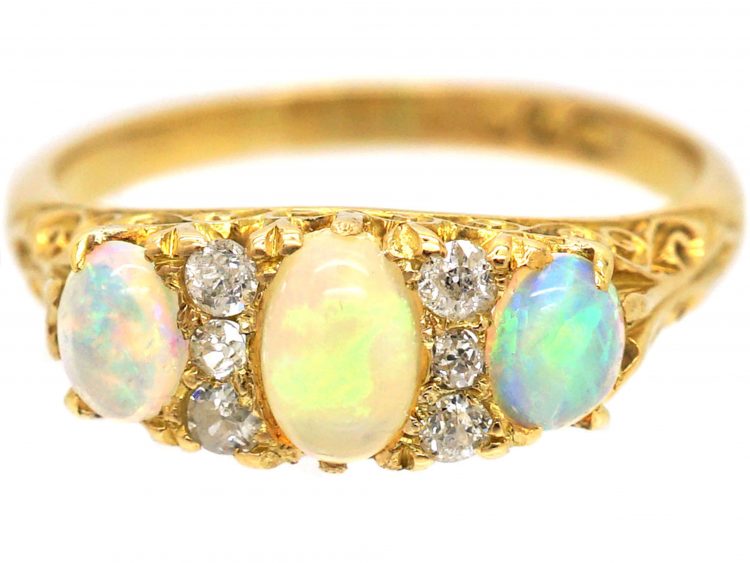 Edwardian 18ct Gold Three Stone Opal & Diamond Carved Half Hoop Ring