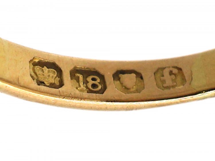 Edwardian 18ct Gold Three Stone Opal & Diamond Carved Half Hoop Ring